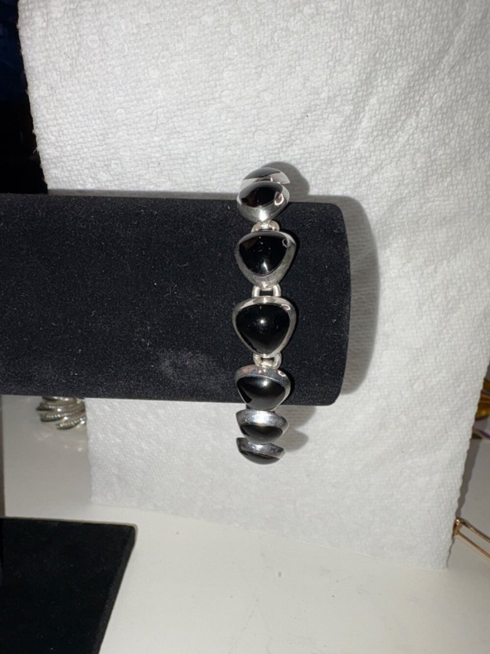 Vintage Mexican Sterling Silver Bracelet With Black Onyx Teardrop Links Marked 9 - Picture 5 of 7